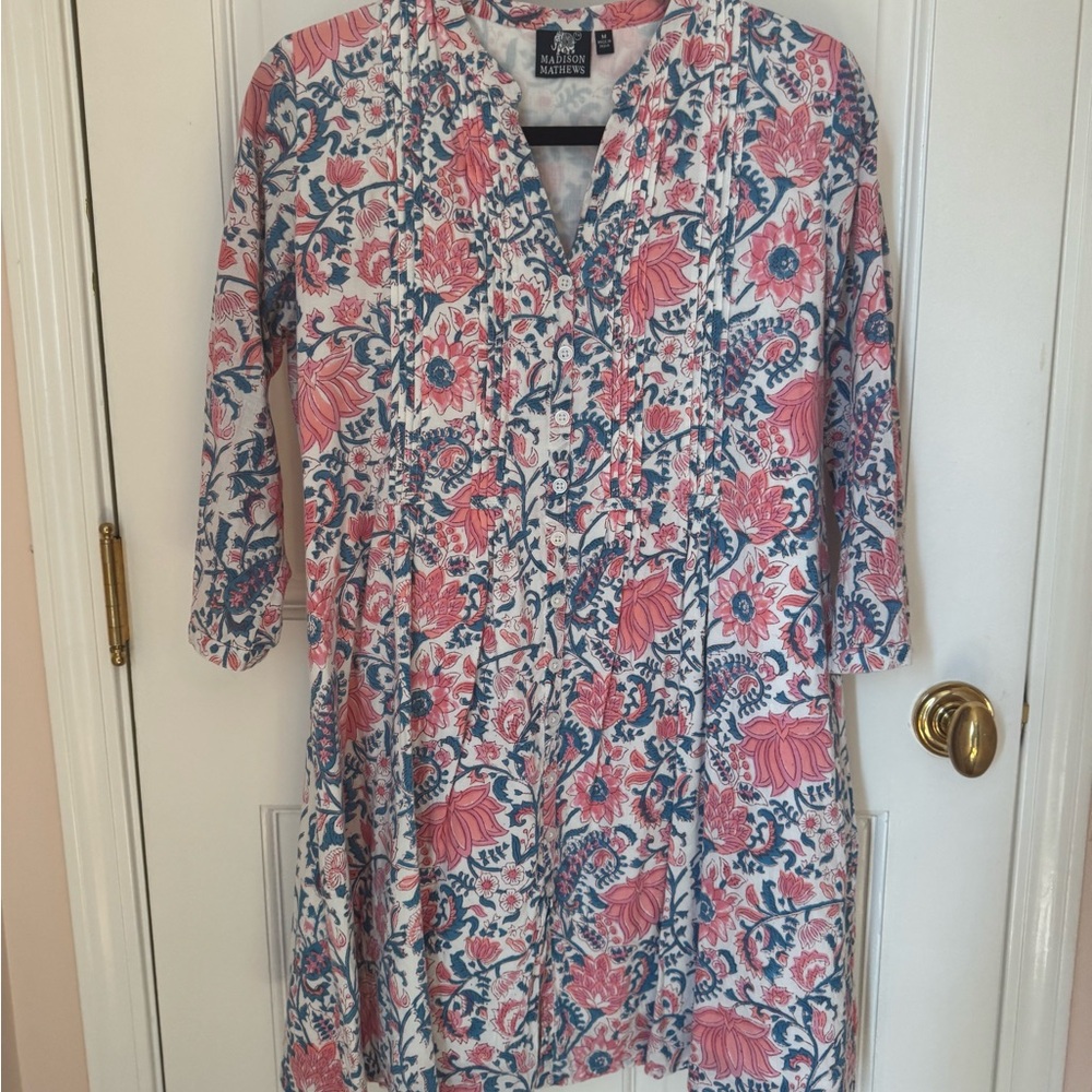 Pink and blue block print dress